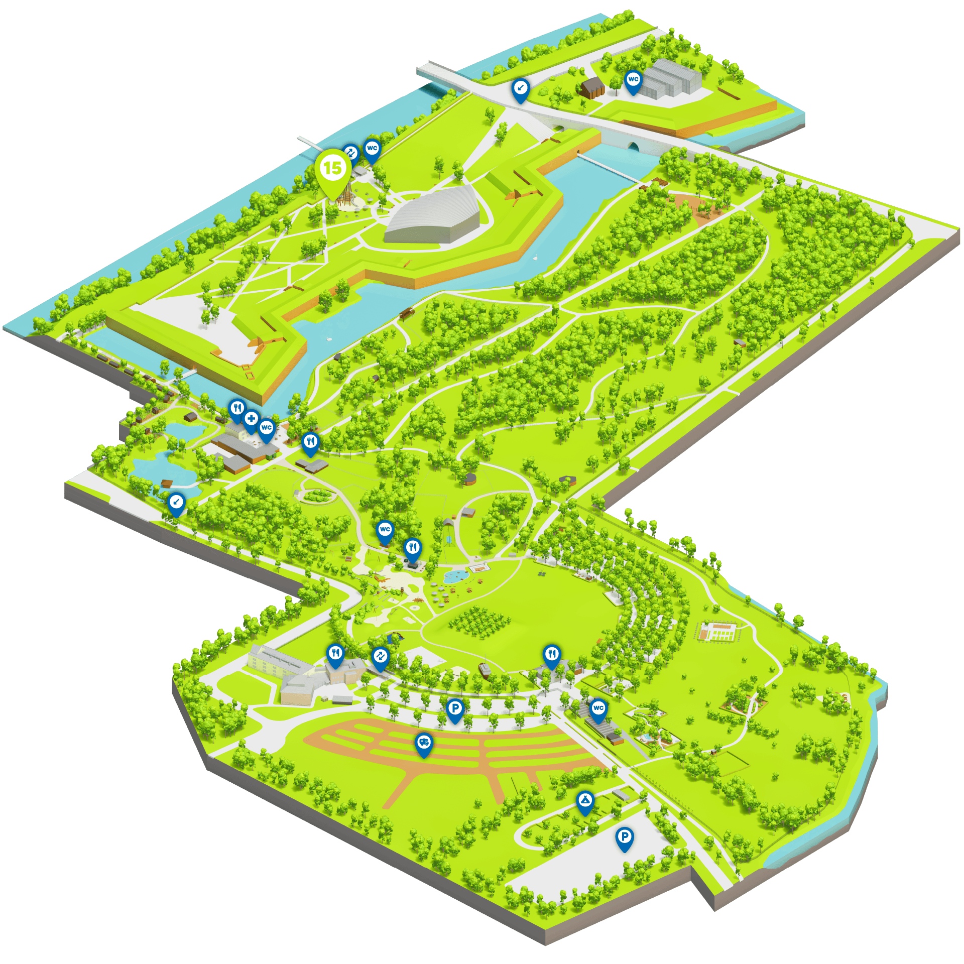 Karte vom Brückenkopf-Park Jülich, auf der der Stadtgarten markiert ist.