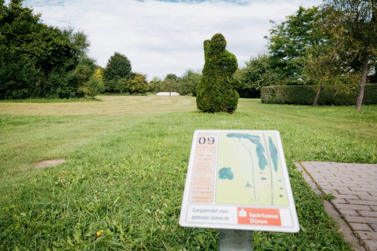 Discgolf Bahn 9, die aus einer Wiese und einer Hasenförmigen Hecke besteht.