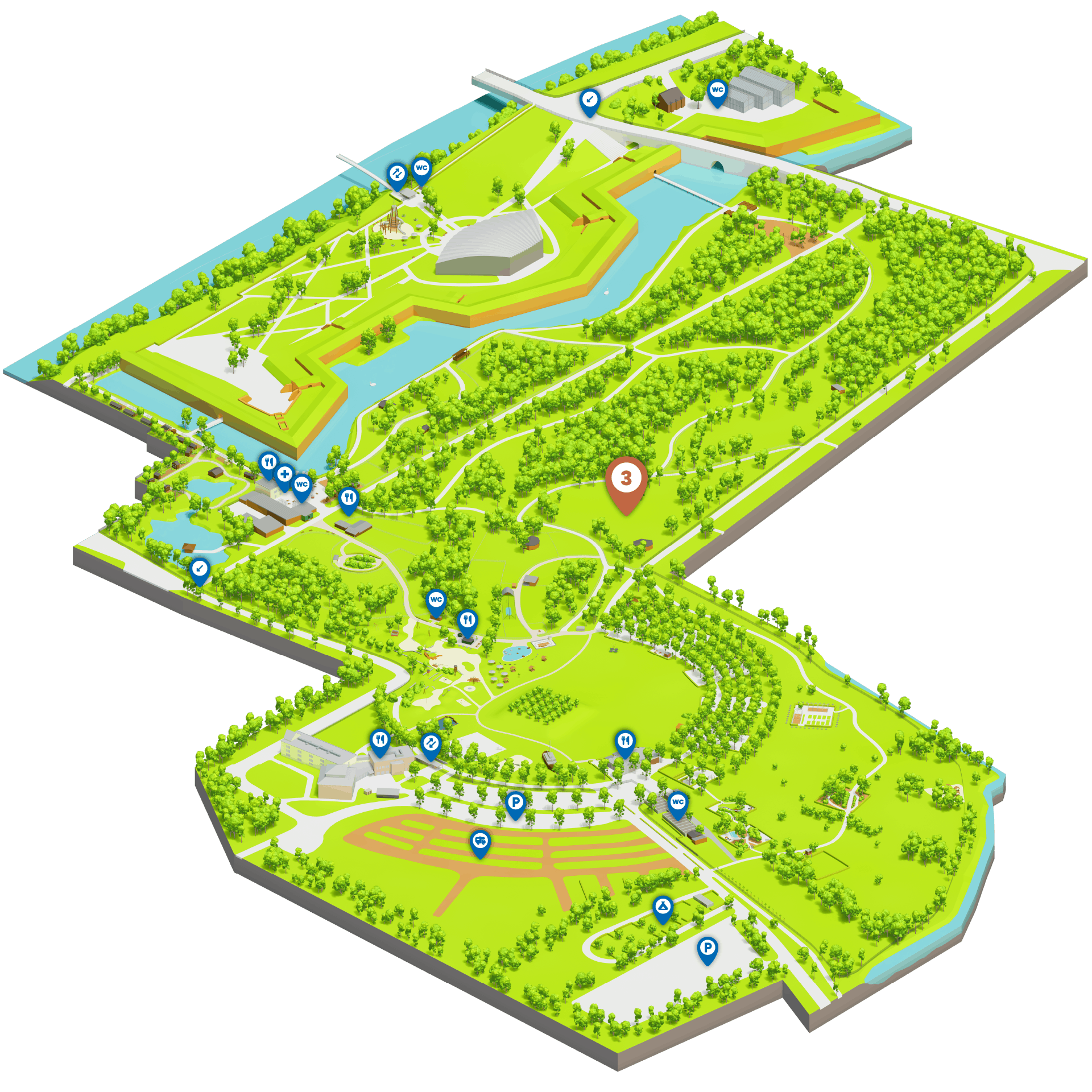 Karte vom Brückenkopf-Park Jülich, auf der das Damwild markiert ist.
