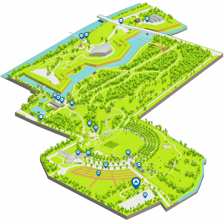 Karte vom Brückenkopf-Park Jülich, auf der der Jugendzeltplatz markiert ist.