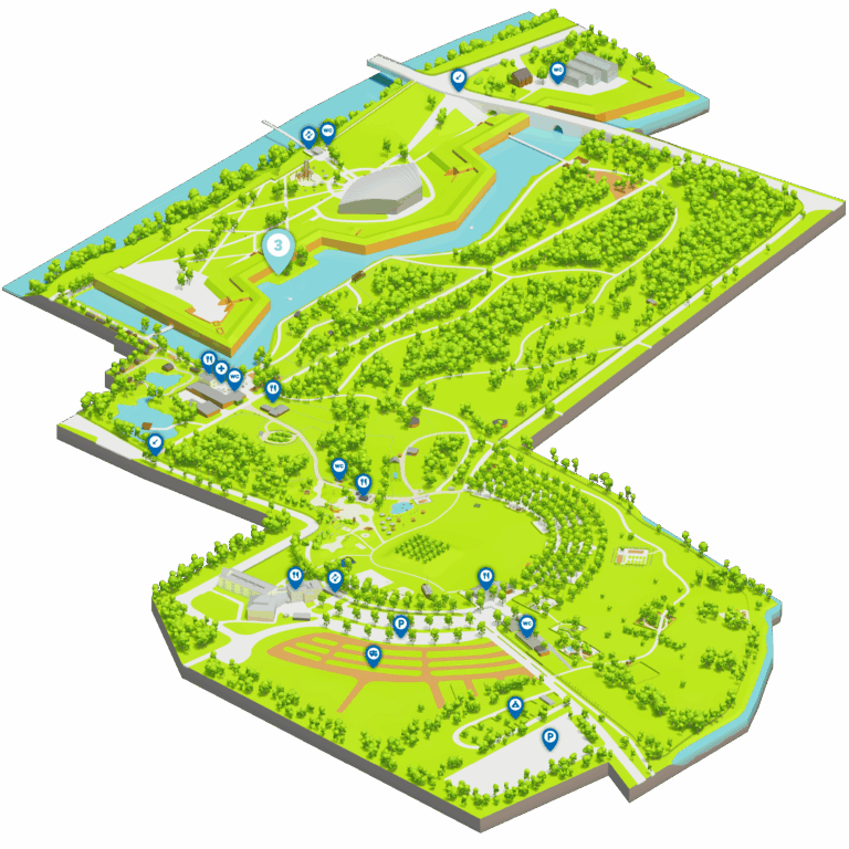 Karte vom Brückenkopf-Park Jülich, auf der der Ort der Stille markiert ist.