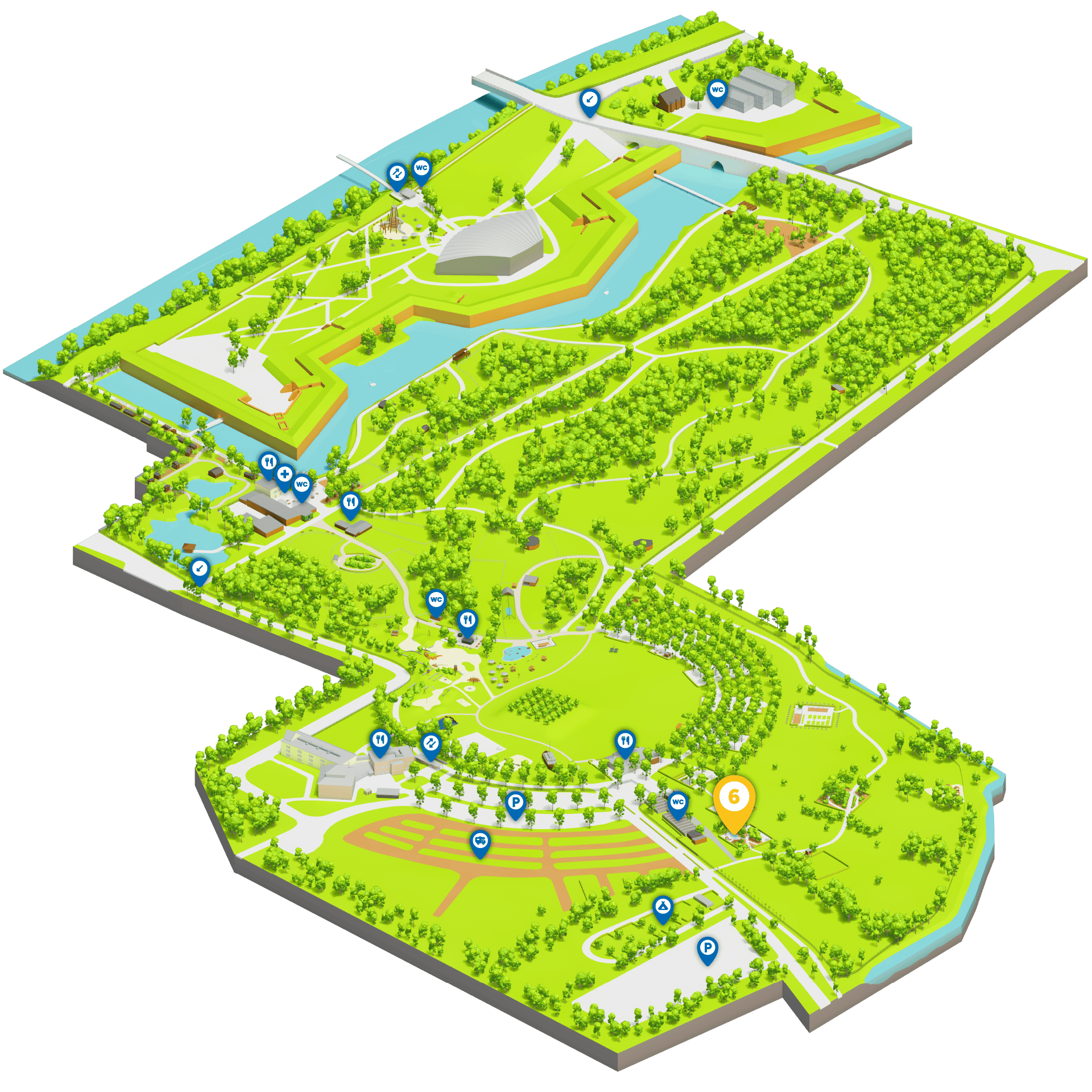 Karte vom Brückenkopf-Park Jülich, auf der die Themengärten markiert sind.