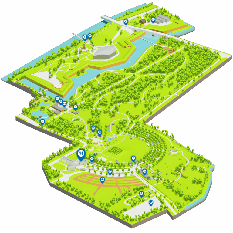 Karte vom Brückenkopf-Park Jülich, auf der das JUFA als Imbiss-Spot markiert ist.