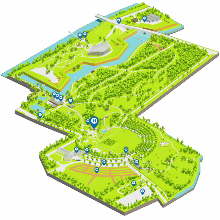 Karte vom Brückenkopf-Park Jülich, auf der der Imbiss am Spielplatz Kind und Kegel markiert ist.
