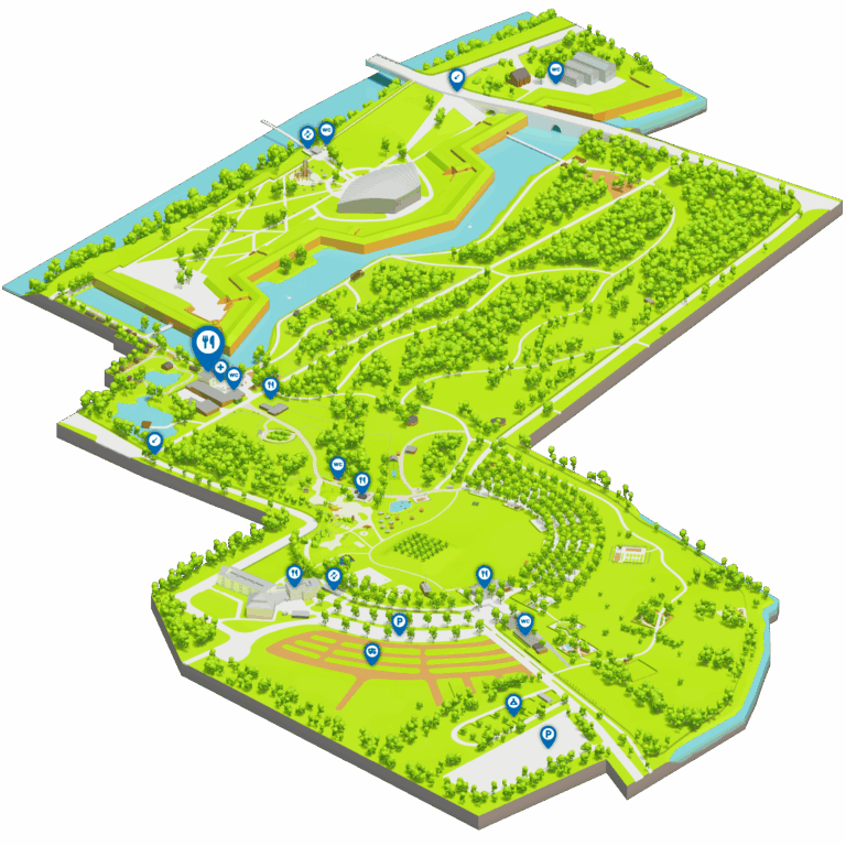 Karte vom Brückenkopf-Park Jülich, auf der der Imbiss am Zoo markiert ist.