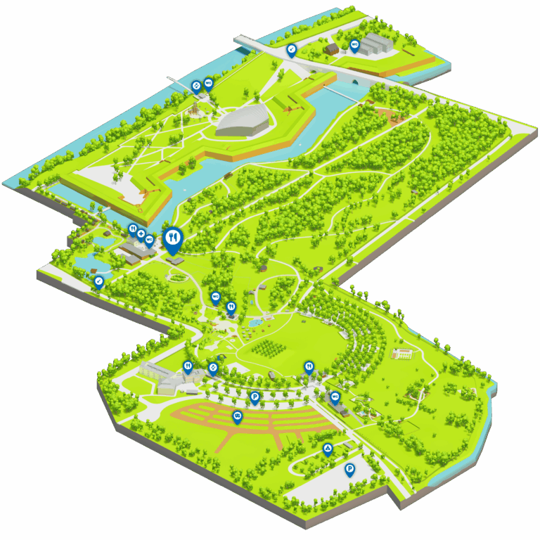 Karte vom Brückenkopf-Park Jülich, auf der der Waffelstand am Zoo markiert ist.